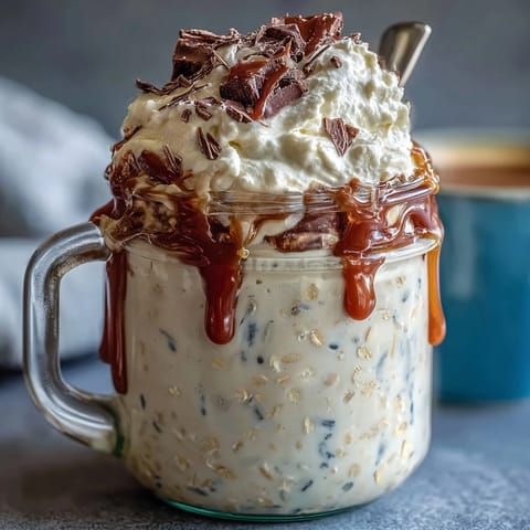 Vanilla bean frappuccino overnight oats dessert jar with creamy layers, espresso, and whipped cream topping.