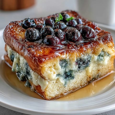 Lemon Blueberry Sourdough French Toast Bake with golden, custard-soaked bread and juicy berries, perfect for a vibrant brunch centerpiece.