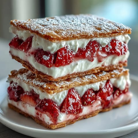 A tray of strawberry shortcake cookies with cream filling, showing soft cookies layered with fresh strawberries and rich vanilla cream.  
