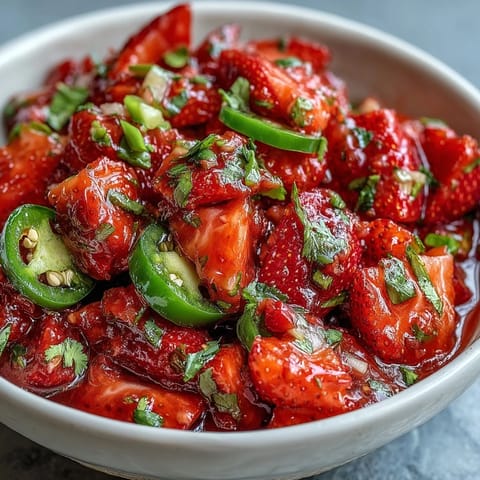 Colorful bowl of fresh strawberry salsa with lime and jalapeño, perfect for tacos or party appetizers.