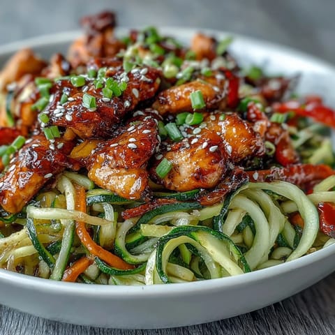 Healthy Easy Zucchini Noodle Stir Fry with Chicken - colorful spiralized zucchini noodles tossed with tender chicken, crisp bell peppers, and carrots in a savory, low-carb sauce.  
