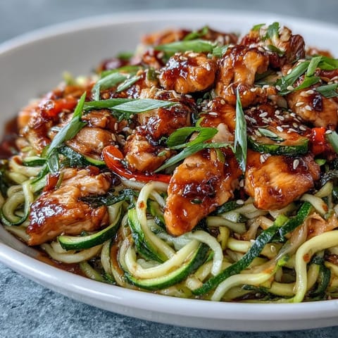 Healthy Easy Zucchini Noodle Stir Fry with Chicken - vibrant Asian-inspired stir fry featuring juicy chicken, fresh zucchini noodles, and crunchy vegetables in a light, gluten-free sauce.  