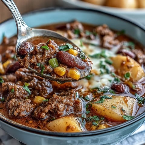 A steaming bowl of Shepherds Pie Soup featuring ground beef, potatoes, and mixed vegetables in a savory broth.