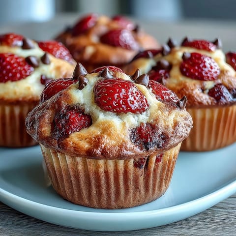 Fresh strawberry muffins with white chocolate chips, golden brown and dotted with juicy fruit pieces.