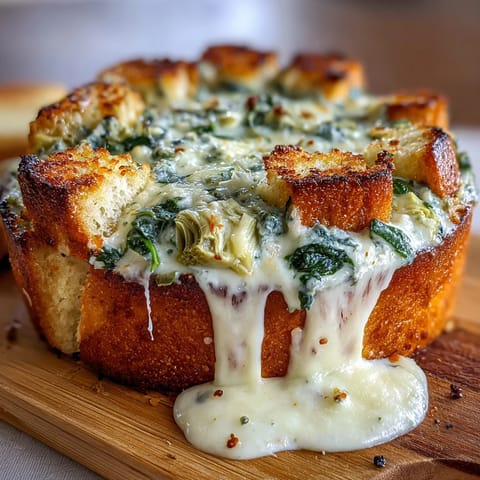Creamy spinach and artichoke dip baked in a golden sourdough bread bowl, perfect for St. Patrick's Day parties.