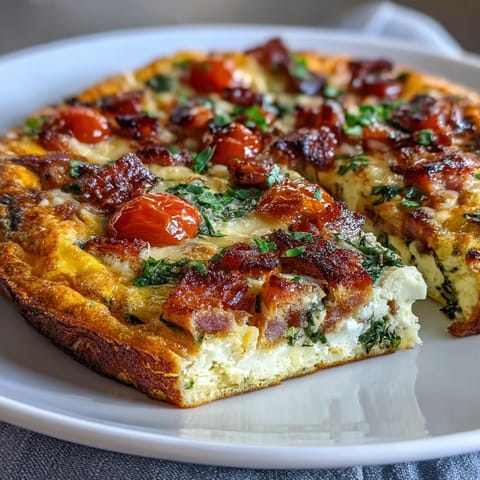 Savory breakfast frittata loaded with diced ham, spinach, tomatoes, and gooey cheese, baked to fluffy perfection.  