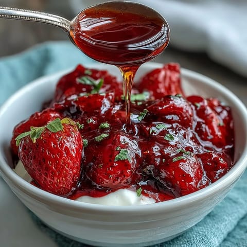 Fresh strawberry compote drizzled over creamy Greek yogurt with crunchy nuts and honey.  