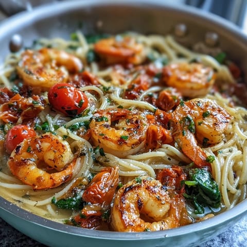 One-Pot Garlic Shrimp with Angel Hair pasta in a fragrant lemon-garlic sauce, topped with fresh parsley and cherry tomatoes.