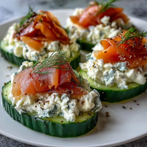 Crisp cucumber rounds topped with creamy cheese and savory smoked salmon for an elegant appetizer.