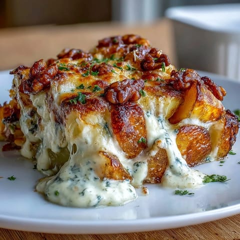 Golden, bubbling Creamy Au Gratin Potatoes with layers of tender Yukon Gold potatoes and melted Gruyère cheese.