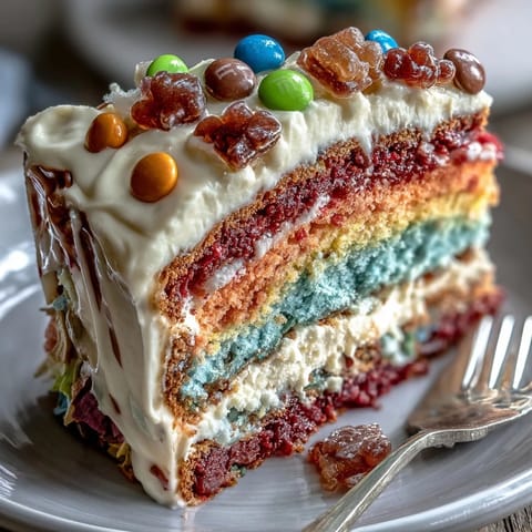 Vibrant, multi-colored cake layers reveal a hidden candy center when sliced, ideal for Cinco de Mayo parties.  