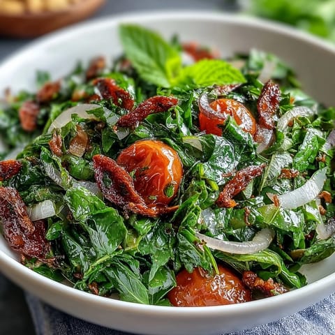 Vibrant dandelion greens salad with lemon vinaigrette and Parmesan, tossed with cherry tomatoes and toasted pine nuts for a zesty Mediterranean starter.