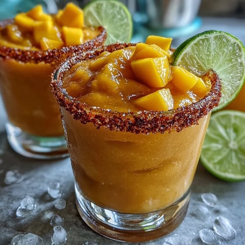 A frosty, vibrant Frozen Mango Margarita Mocktail in a salt-rimmed glass, garnished with a lime wedge and mango slice.