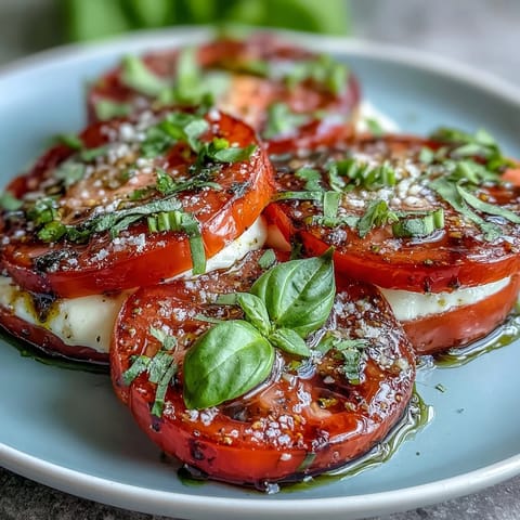 Fresh Caprese Salad with Basil Oil Drizzle showcasing ripe tomatoes, creamy mozzarella, and aromatic basil oil on a white platter.