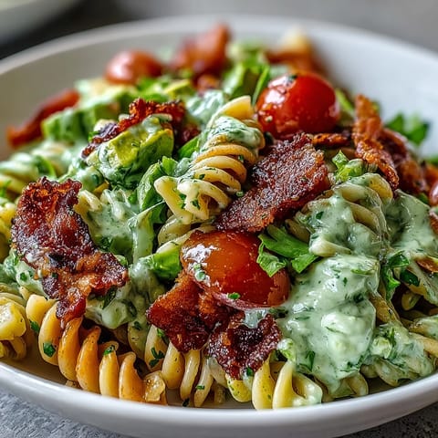 A vibrant bowl of BLT Pasta with Avocado Ranch, featuring crispy bacon, fresh lettuce, and juicy tomatoes tossed in creamy avocado dressing.