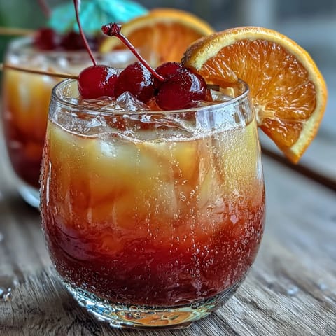 A vibrant ombre sunrise mocktail with grenadine, orange, and pineapple juice in a tall glass with ice and cherry garnish.