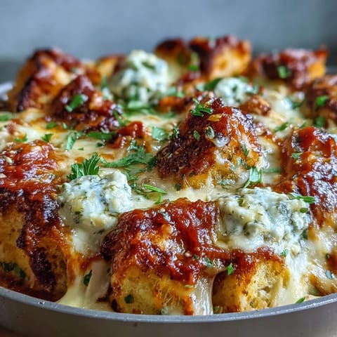 Golden, bubbly mozzarella tops the Cheesy Garlic Bread Lasagna Skillet with garlic bread cubes peeking from beneath.