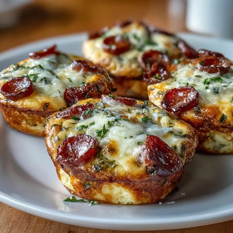 Golden-brown High-Protein Pepperoni Breakfast Cups fresh from the oven, revealing bubbly mozzarella and savory pepperoni tucked inside fluffy egg frittatas.