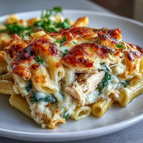 Golden Greek Yogurt Chicken Alfredo Bake fresh from the oven, bubbling with a creamy, cheesy topping and garnished with fresh parsley.