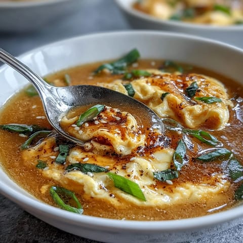 Homemade egg drop soup with silky egg ribbons in savory broth, garnished with fresh scallions.  