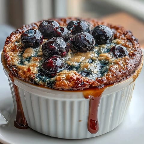 Warm baked oats with juicy blueberries and maple syrup, perfect for a cozy breakfast.