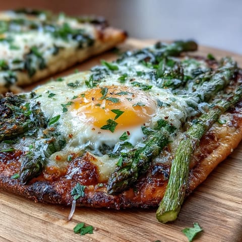 A crispy flatbread topped with fresh asparagus, a baked egg, and parmesan, perfect for brunch or dinner.