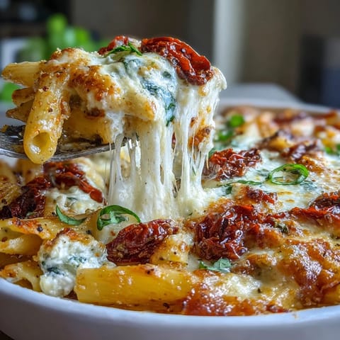 A bubbling sun-dried tomato pasta bake with melted mozzarella and fresh basil, perfect for a cozy family dinner.  