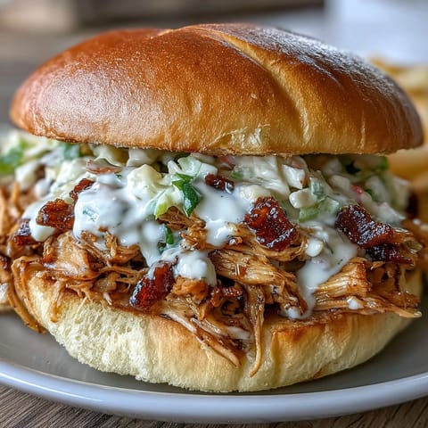 Smoked pulled chicken piled high on soft buns, drizzled with tangy Alabama-style white BBQ sauce and topped with crisp coleslaw.