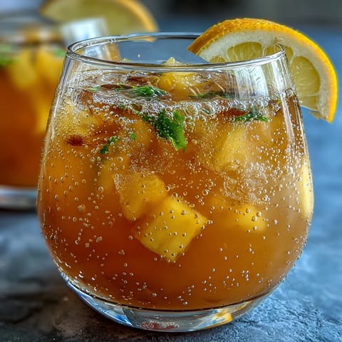 Sparkling lemonade punch bursting with tropical mango and pineapple flavors, garnished with fresh fruit and served over ice for a festive drink.