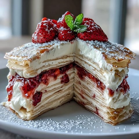 Elegant Mother's Day crêpe cake with delicate golden layers and luscious strawberry mascarpone cream, garnished with fresh berries and mint.