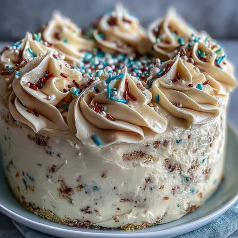 Vibrant confetti cake with rainbow sprinkles and champagne frosting, perfect for graduation celebrations and festive gatherings.