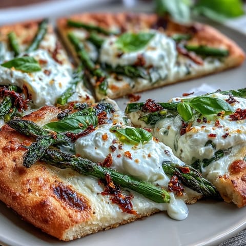 Roasted asparagus flatbread with burrata and lemon, featuring tender asparagus, creamy cheese, and bright citrus zest on crisp crust.