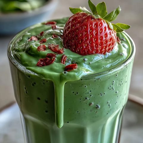 A vibrant strawberry spinach smoothie in a glass, topped with fresh strawberry slices and chia seeds for a healthy breakfast.  