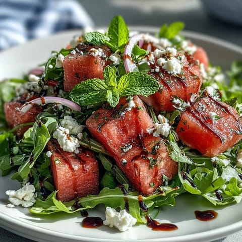 Vibrant Watermelon Feta Arugula Salad glistening with tangy balsamic reduction.