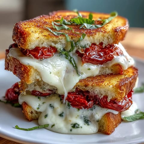 Golden Caprese grilled cheese with melted mozzarella, ripe tomatoes, and basil.