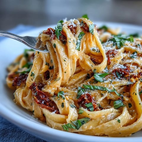 A vibrant bowl of sun-dried tomato alfredo pasta, garnished with fresh basil, ready to enjoy.