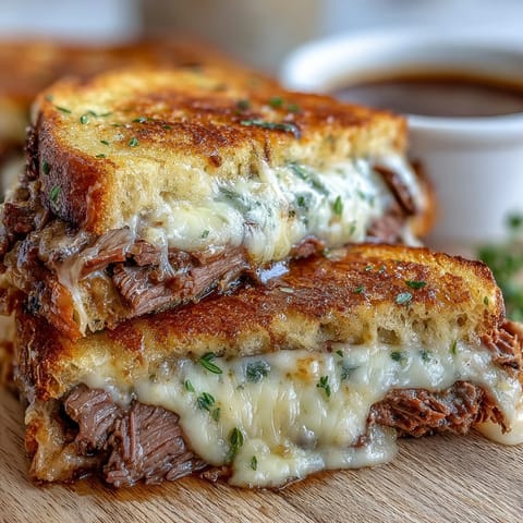 Golden brown French Dip Grilled Cheese oozing melted provolone with rich au jus.