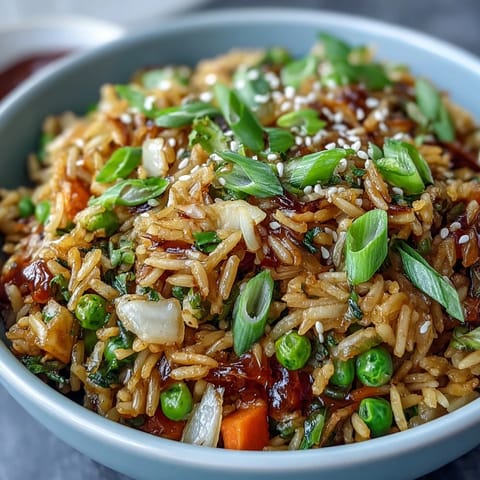 Close-up of orzo fried rice with vibrant peas and carrots, deliciously savory.