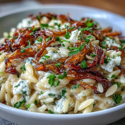 Orzo with Caramelized Onions and Goat Cheese, a creamy dish topped with fresh parsley.