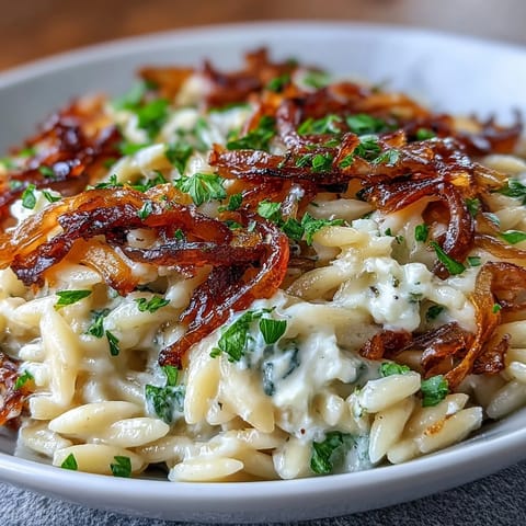 Creamy orzo with sweet caramelized onions and tangy goat cheese, a comforting vegetarian entree.