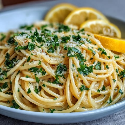 Tender spaghetti in a bright, creamy lemon garlic pasta sauce with fresh parsley garnish.
