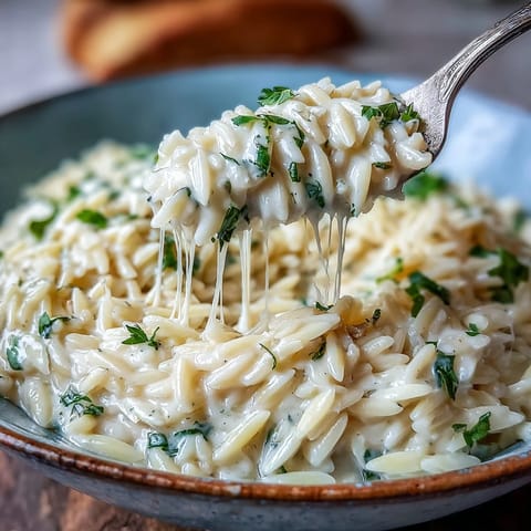 Creamy Parmesan Truffle Orzo dish with melted Parmesan and flecks of parsley.