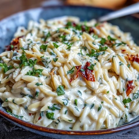 Rich Parmesan Truffle Orzo, glistening with truffle oil, ready to serve.