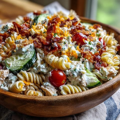 Creamy Chicken Bacon Ranch Pasta Salad bursting with colorful veggies and crispy bacon bits.