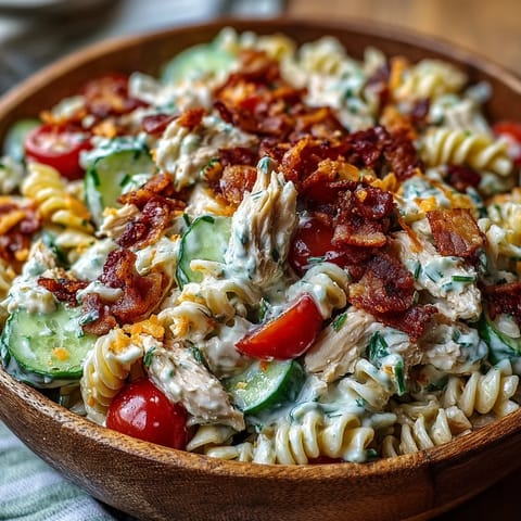 Cold Creamy Chicken Bacon Ranch Pasta Salad, a potluck favorite with fresh ingredients.
