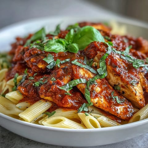 Creamy Tomato Basil Chicken Pasta, a rich and comforting Italian dish.