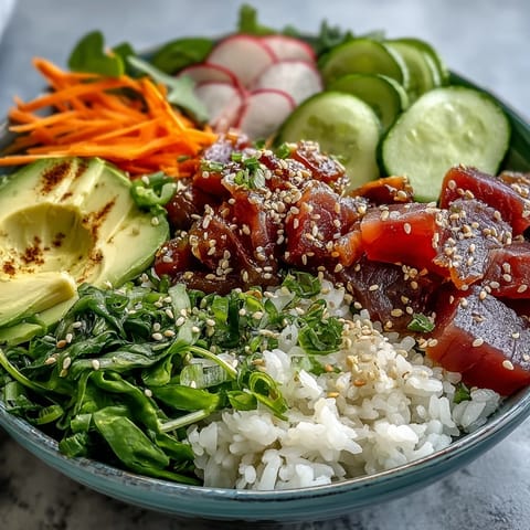 Vibrant canned tuna poke bowl, quick meal with crisp veggies and satisfying rice.