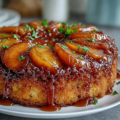 Golden brown sugar peach upside-down cake, juicy peaches caramelized beautifully.