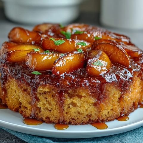 Sweet brown sugar peach upside-down cake, moist crumb, perfect with ice cream.