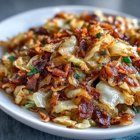 Golden fried cabbage with bacon and onions, a tender Southern side dish.